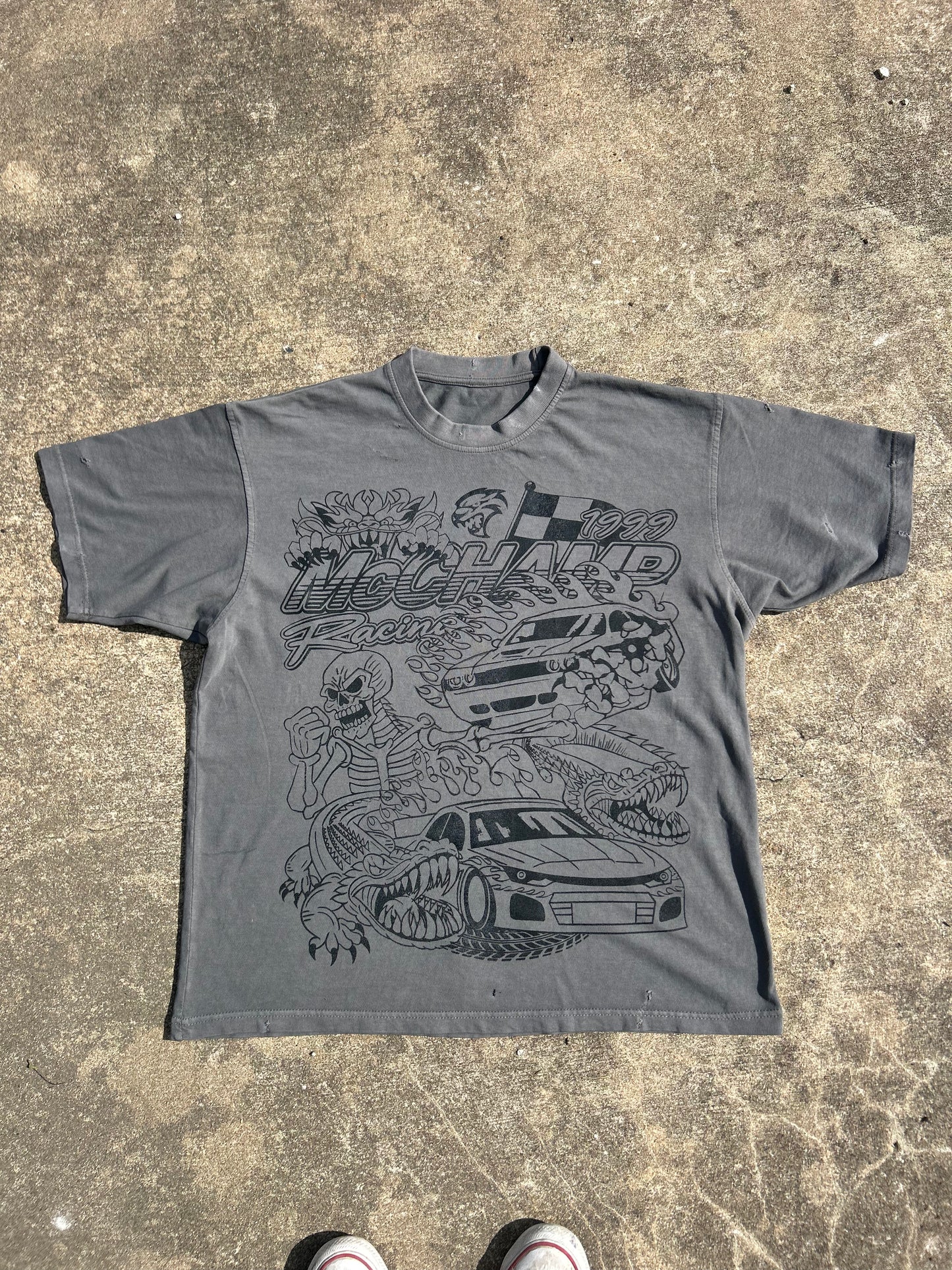 "McCHAMP RACING" Heavyweight Oversized-Print Tee (Stone Grey)