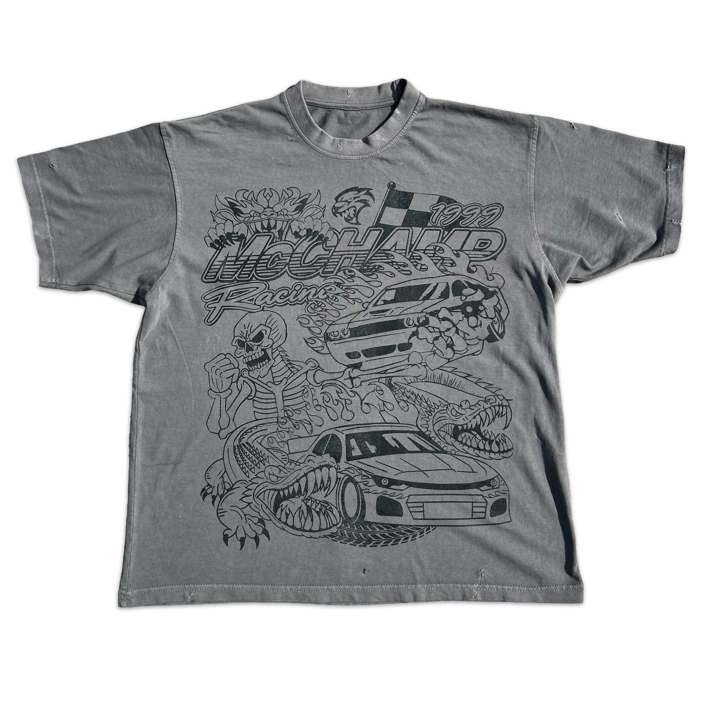 "McCHAMP RACING" Heavyweight Oversized-Print Tee (Stone Grey)